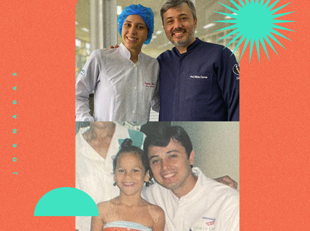 Professor inspira escolha do curso de aluna de Odontologia da Unileão, e eles reproduzem foto tirada 17 anos atrás